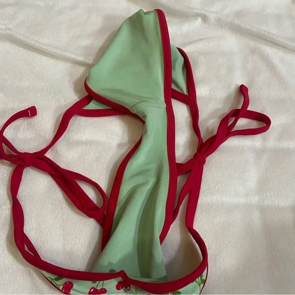 New! Frankie’s Bikinis x Pink Cherry Print Bikini Bottom green 1542